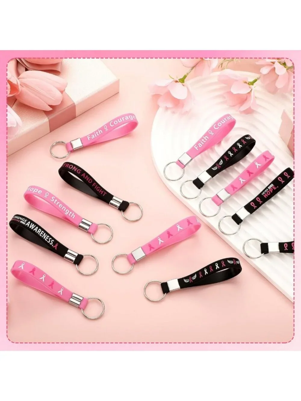 100 Pcs Pink Ribbon Keychains | Breast Cancer Awareness Gifts & Survivor